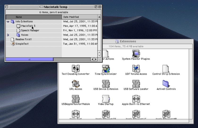 Screen recording showing "MacinTalk 3", "Speech Manager" and the "Voices" folder being copied to the Extensions folder
