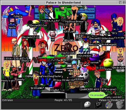 screenshot of PalaceChat, full of colorful dollz-style avatars